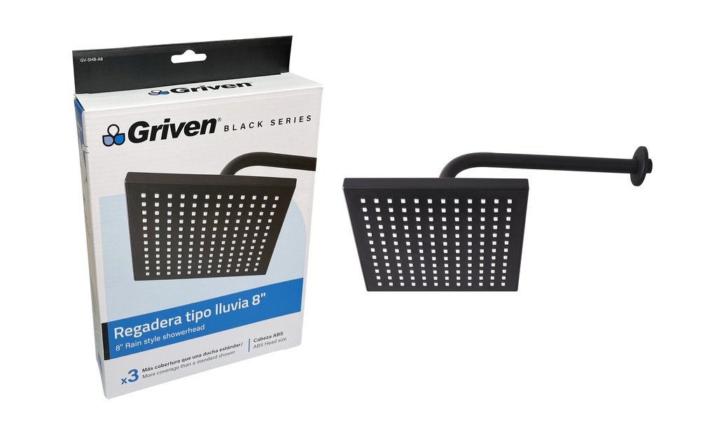 REGADERA CUADRADA 8" GRIVEN BLACK 6-353