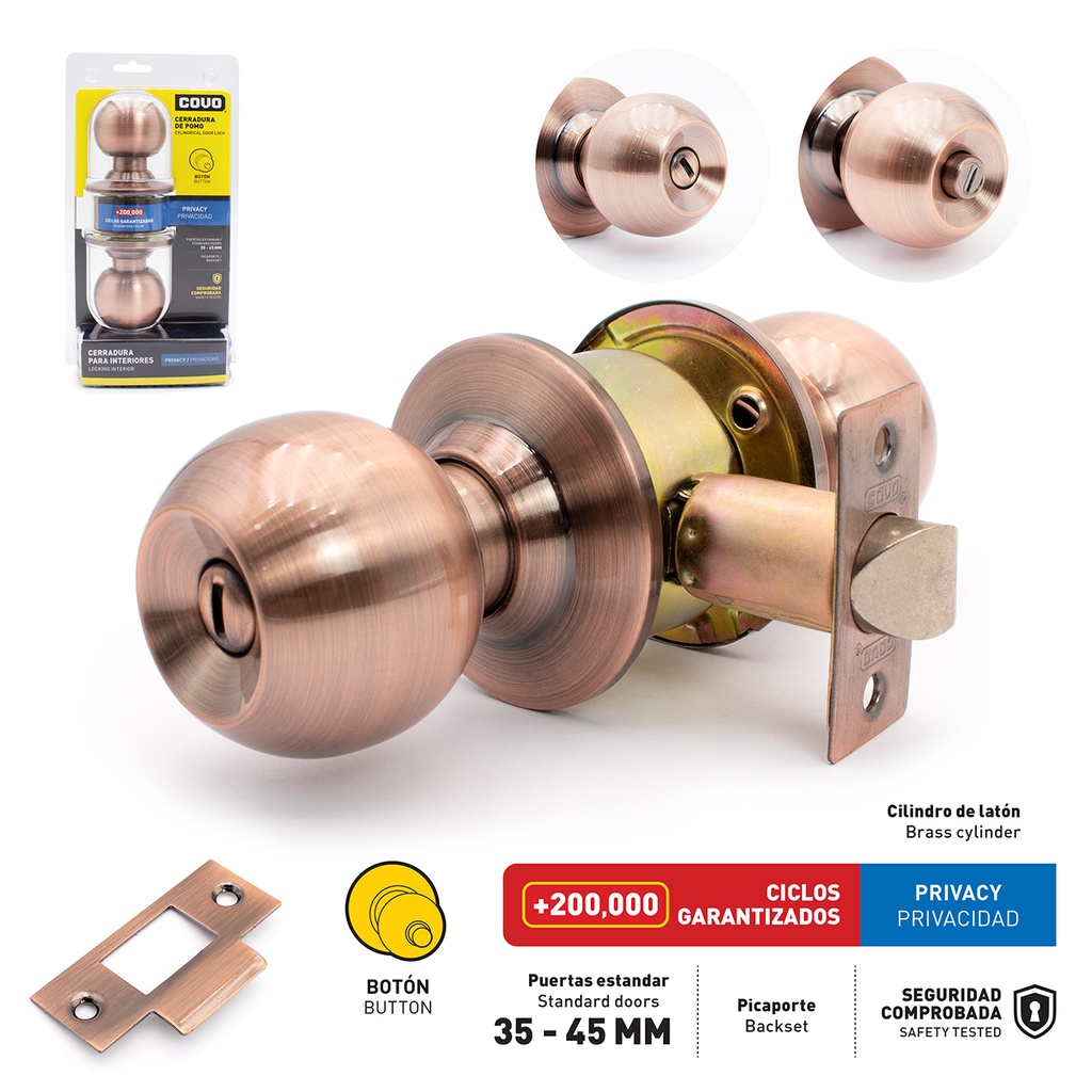 CERRADURA DE BAÑO POMO BOTON COBRE COVO 6-363