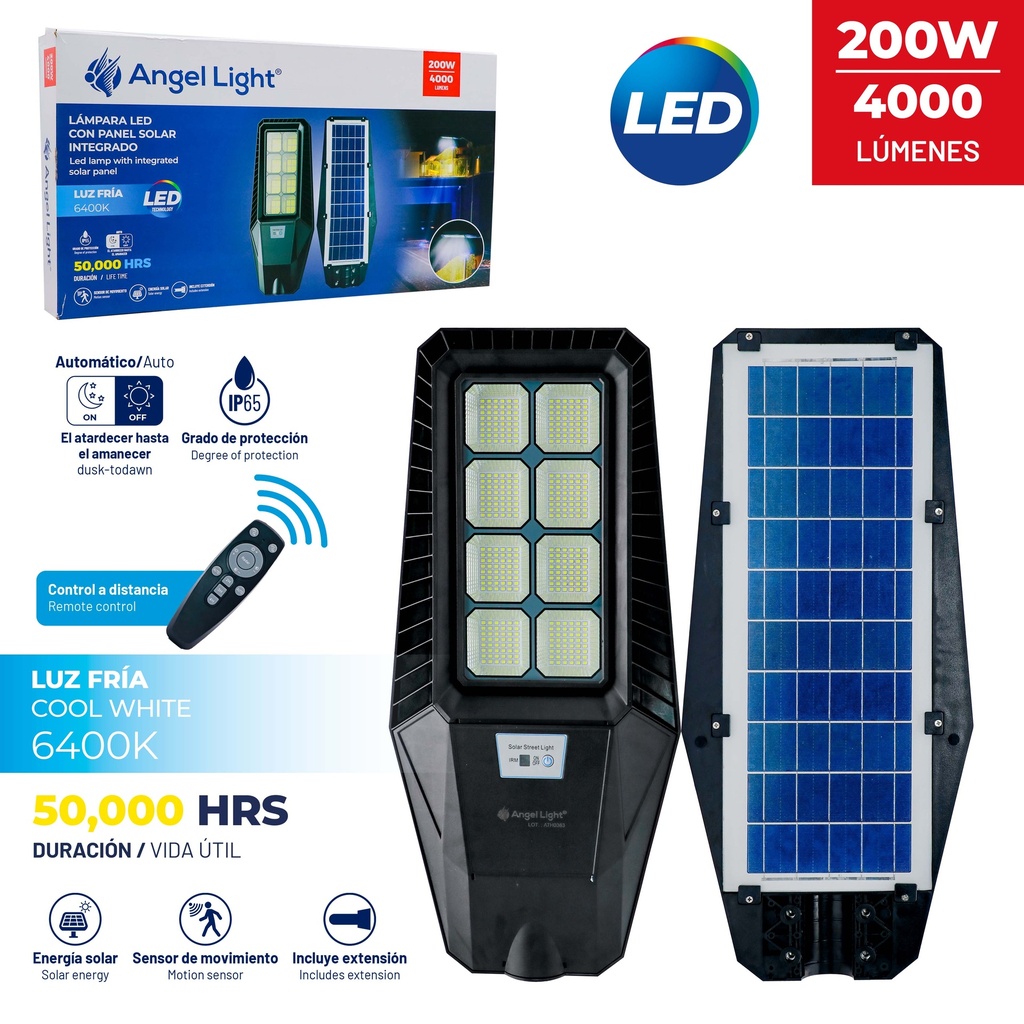LAMPARA EXT LED 200W C/PANEL SOLAR ANGEL LIGHT 6-393