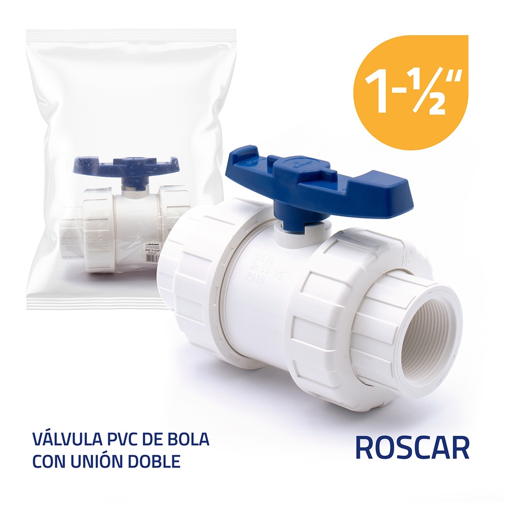 LLAVE DE BOLA C/UNION DOBLE 1 1/2" ROSCA GRIVEN 6-414