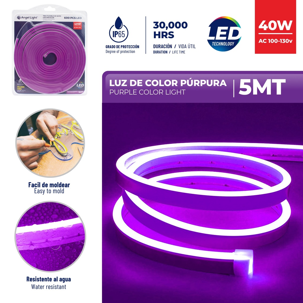 CINTA LED PURPURA 5 MTS x 40W C/TRANSF ANGEL LIGHT 6-445