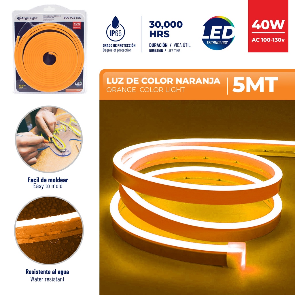 CINTA LED NARANJA 5 MTS x 40W C/TRANSF ANGEL LIGHT 6-446