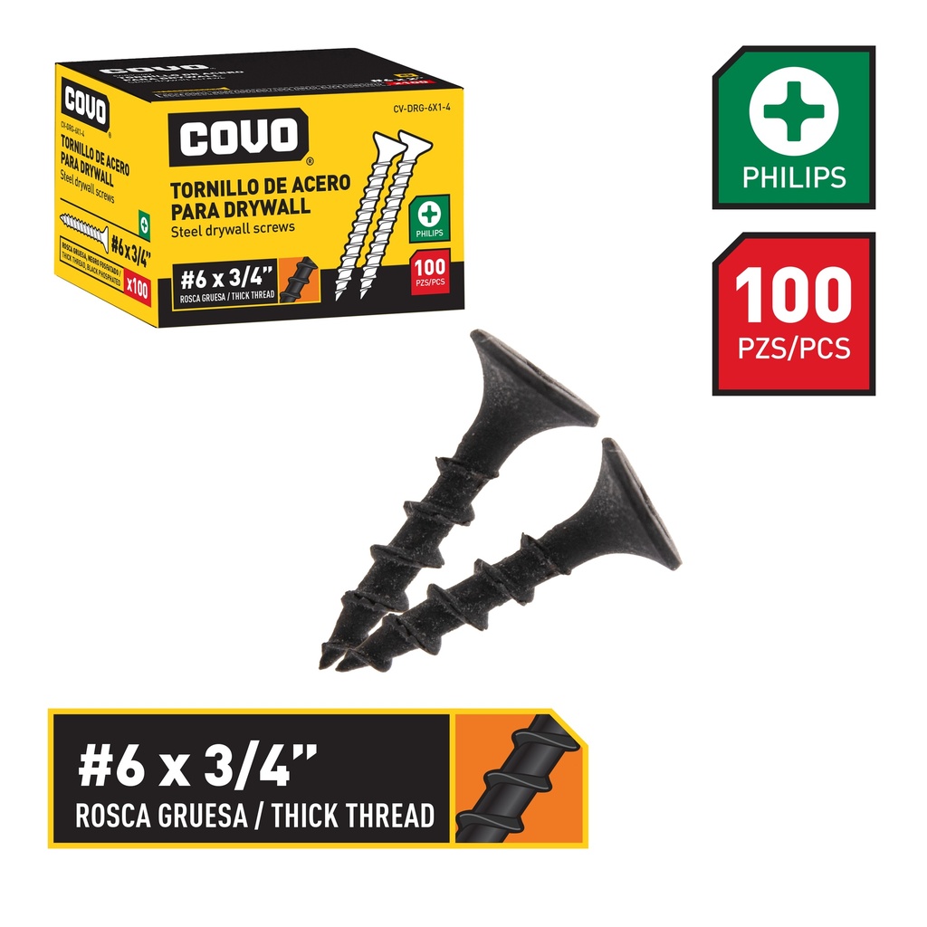 TORNILLOS DR9YWALL R. GRUESA 6 x 3/4 x 100 UNID COVO 6-481