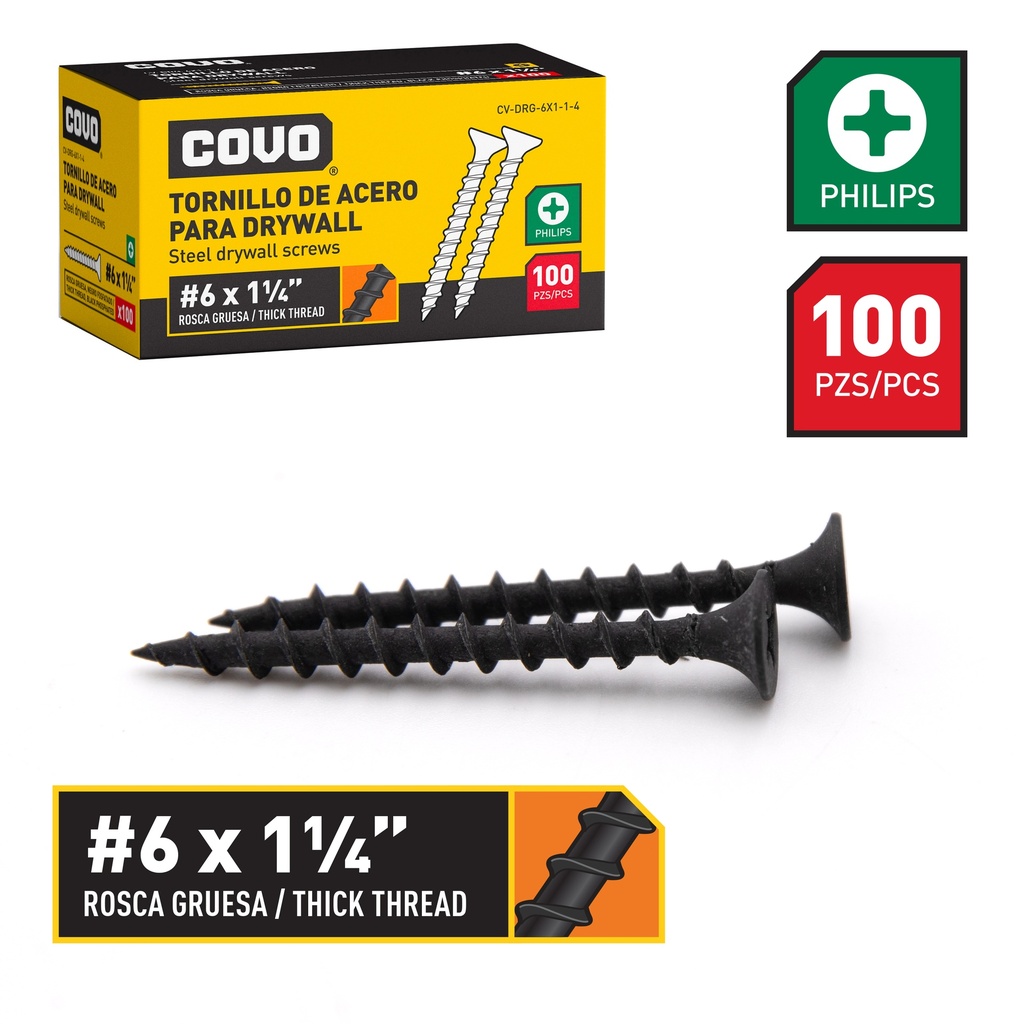 TORNILLOS DRYWALL R. GRUESA 6 x 1 1/4" x 100 UNID COVO 6-484