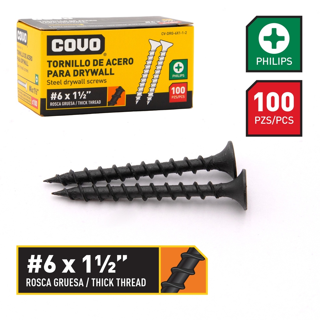 TORNILLOS DRYWALL R. GRUESA 6 x 1 1/g2" x 100 UNID COVO 6-485