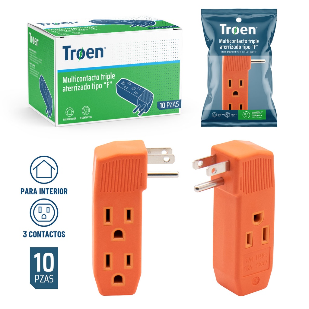 ADAPTADOR TRIPLE TIPO F NARANJA TROEN 6-563