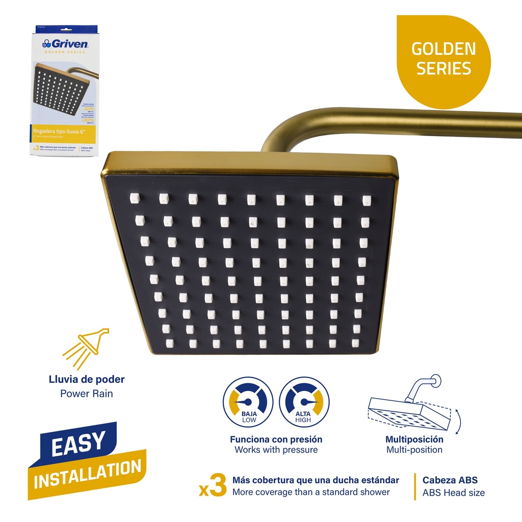 REGADERA CUADRADA 6" TIPO LLUVIA GRIVEN GOLD 6-613