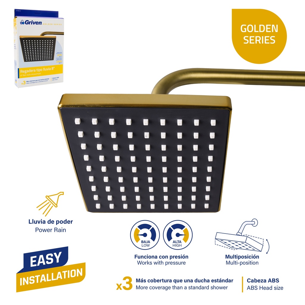 REGADERA CUADRADA 8" TIPO LLUVIA GRIVEN GOLD 6-614
