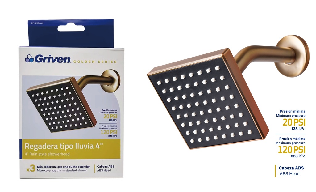 REGADERA CUADRADA 4" TIPO LLUVIA GRIVEN GOLD 6-624