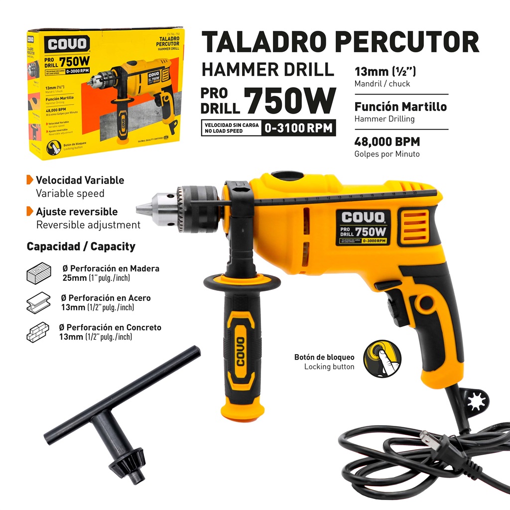 TALADRO PERCUTOR 1/2" 750W COVO 6-767