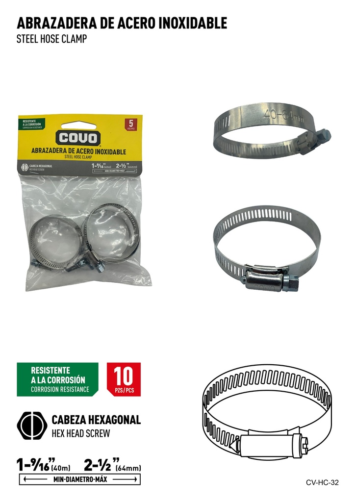 ABRAZADERAS 1 9/16" - 2 1/2" x 5 UNID COVO 6-830