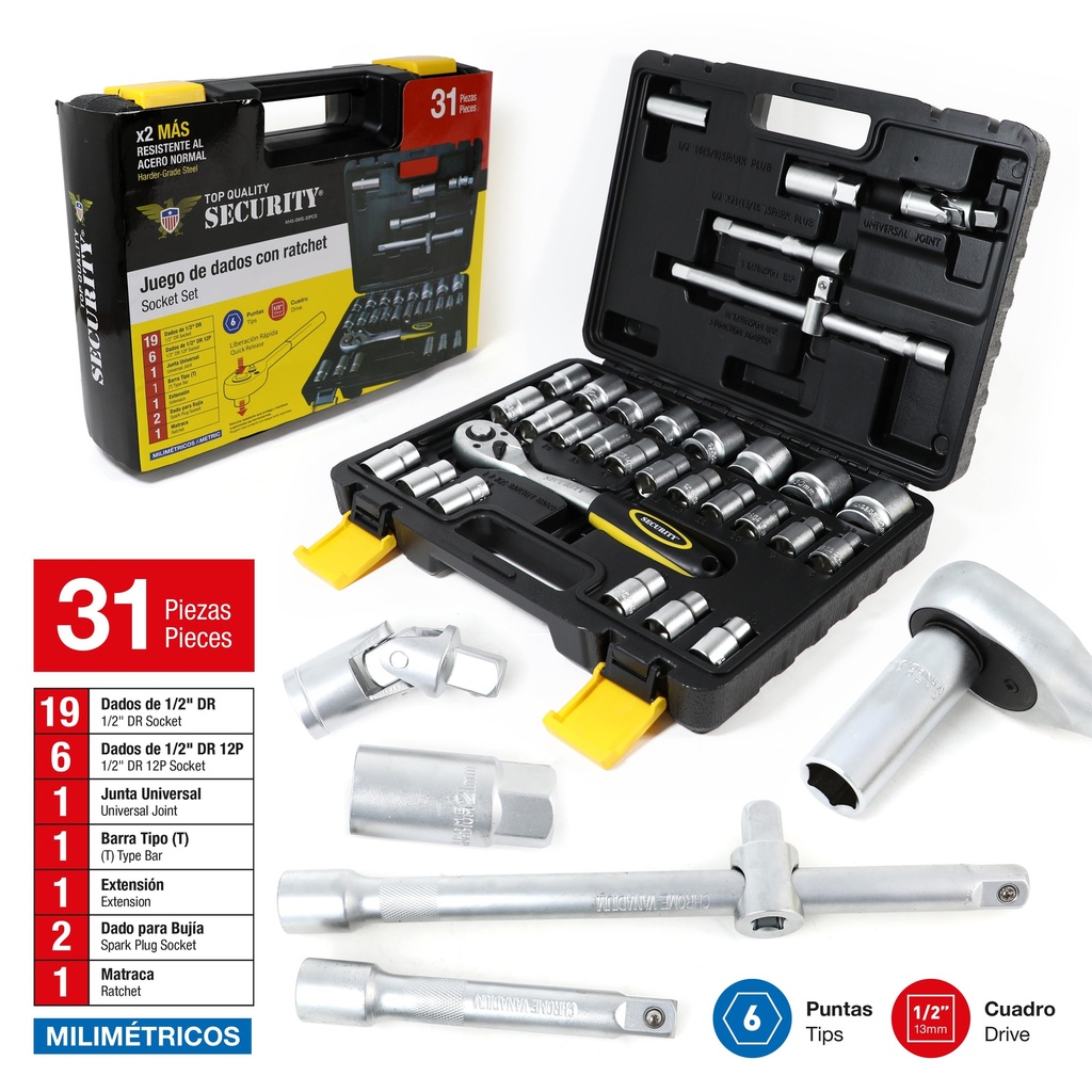JUEGO DADOS C/RACHET 1/2" 31PCS SECURITY 6-840