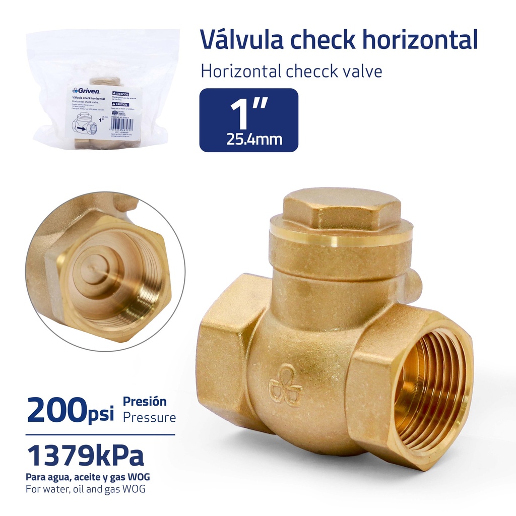 VALVULA CHECK HORIZONTAL BRONCE x 1" GRIVEN 6-917