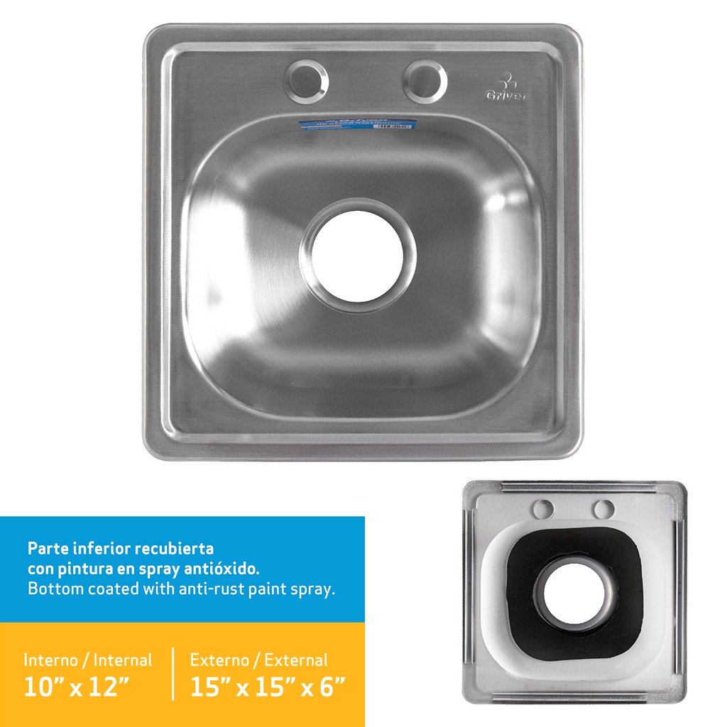 FREGADERO ACERO INOX SENCILLO 15"x15"x6" GRIVEN 6-965