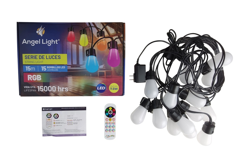 EXTENSION BOMBILLOS MULTICOLOR x 15 MTS 15 UNID ANGEL L 6-989 (DESC)
