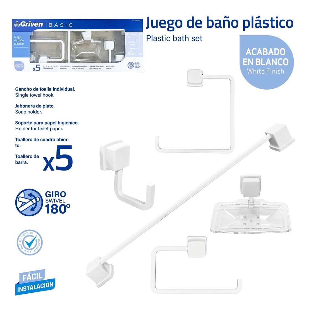 ACCESORIO DE BAÑO 5 PZAS PLAST/BLANCO GRIVEN 9-872