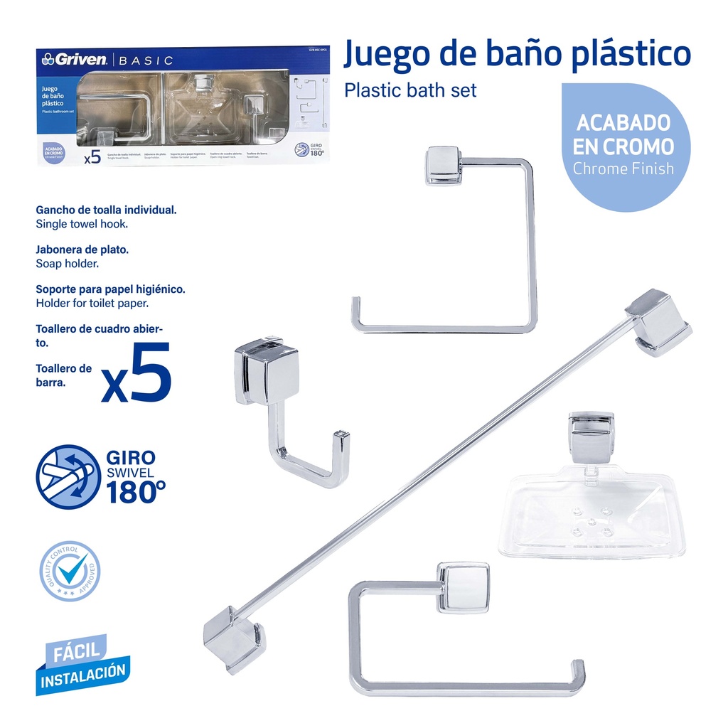 ACCESORIO DE BAÑO 5 PZAS PLAST/CROM GRIVEN 9-870
