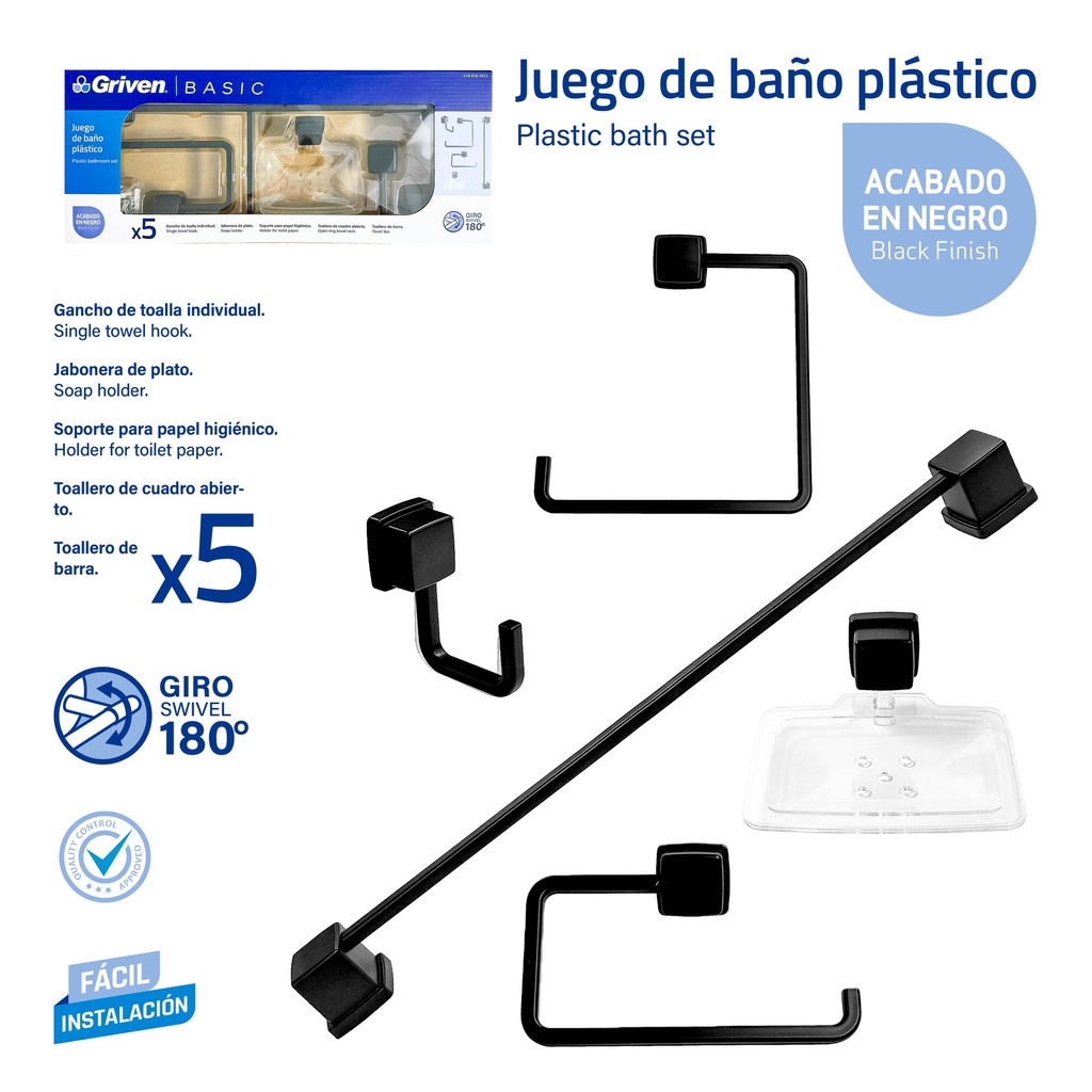 ACCESORIO DE BAÑO 5 PZAS PLAST/NEGRO GRIVEN 9-871