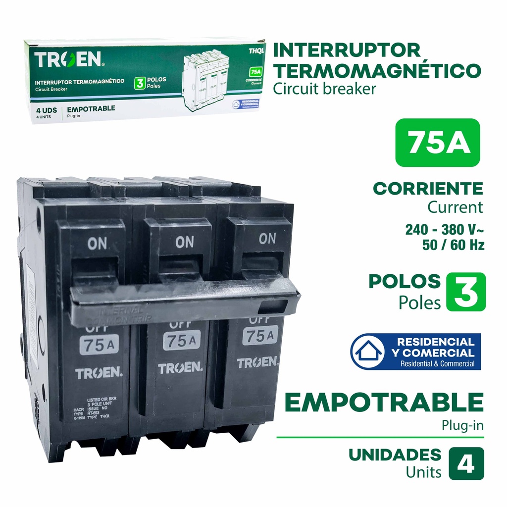 BREAKER PARA EMPOTRAR 3x75A TROEN 9-789