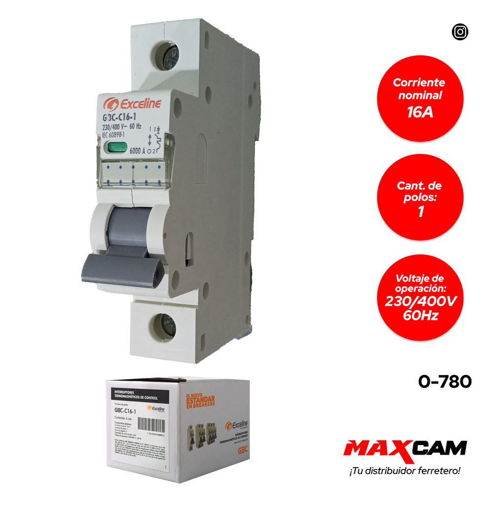 BREAKER TERMOMAGNETICO 1P x 16 AMP EXCELINE 0-780