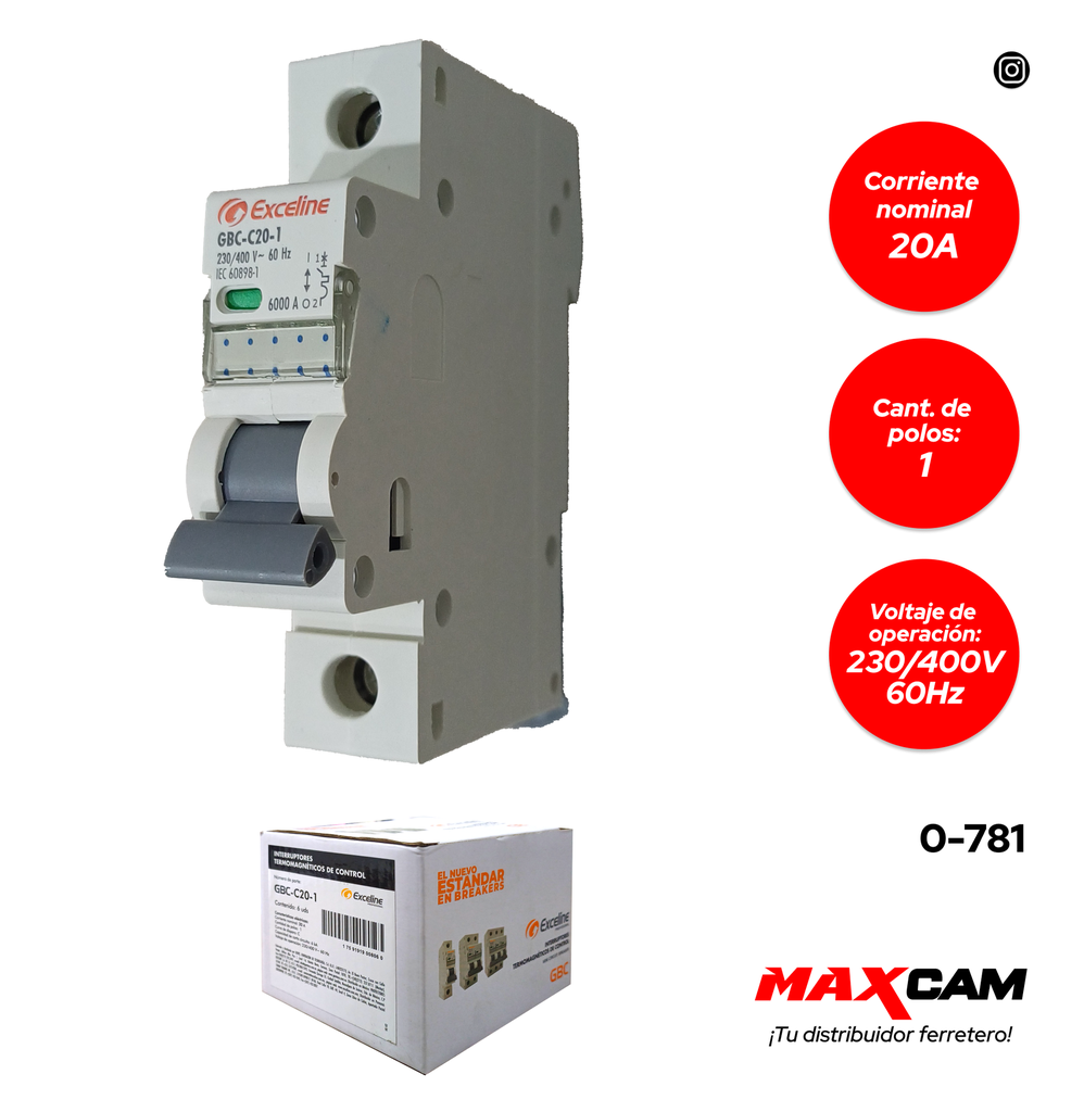 BREAKER TERMOMAGNETICO 1P x 20 AMP EXCELINE 0-781