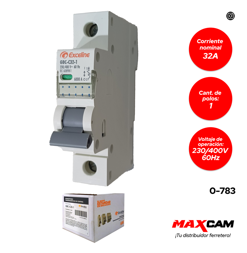 BREAKER TERMOMAGNETICO 1P x 32 AMP EXCELINE 0-783