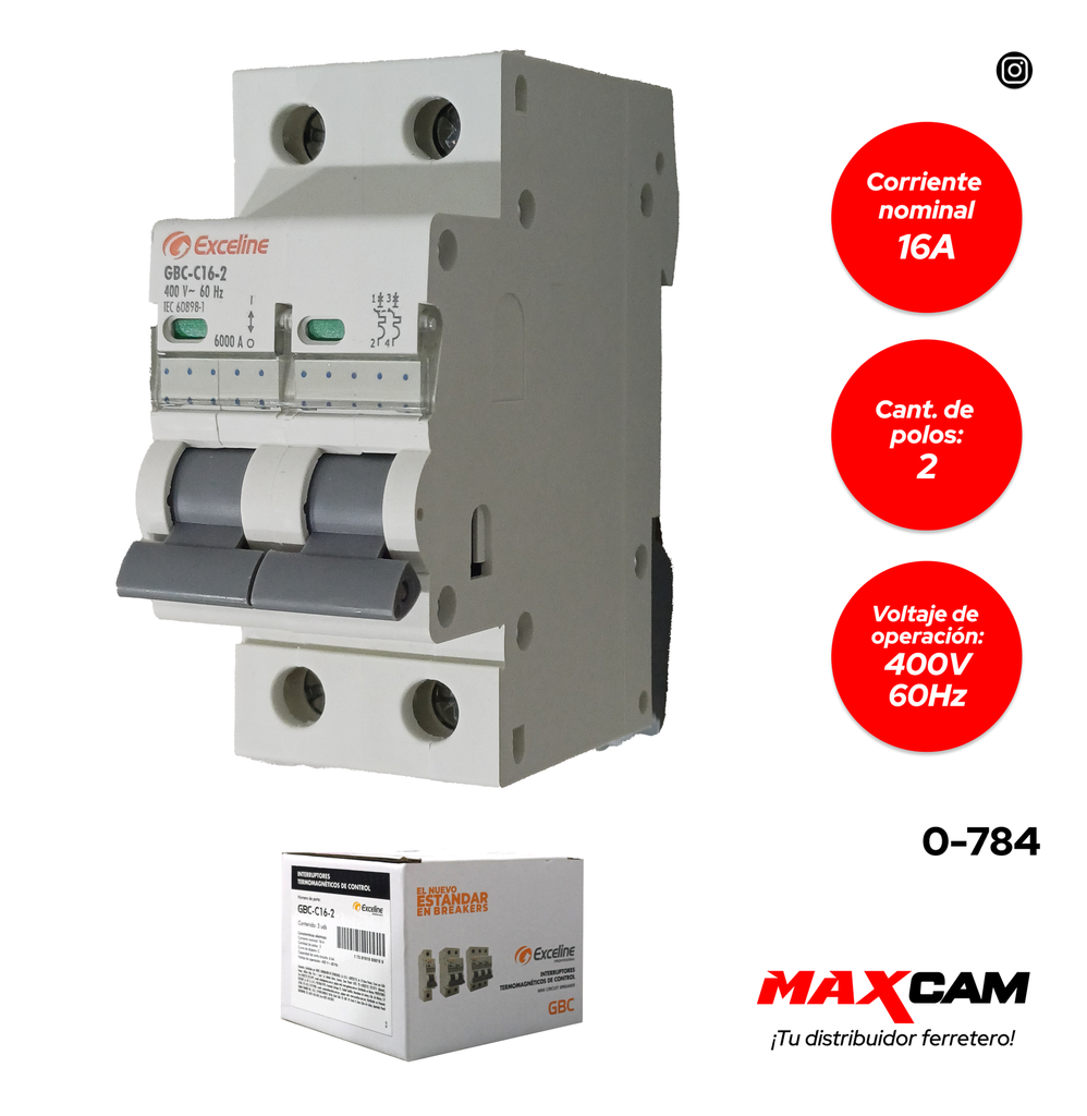 BREAKER TERMOMAGNETICO 2P x 16 AMP EXCELINE 0-784