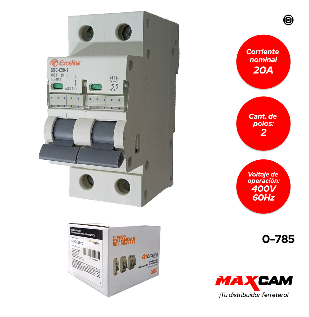 BREAKER TERMOMAGNETICO 2P x 20 AMP EXCELINE 0-785