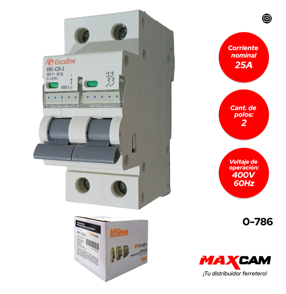 BREAKER TERMOMAGNETICO 2P x 25 AMP EXCELINE 0-786
