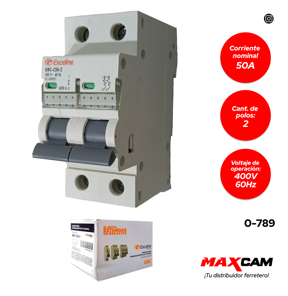 BREAKER TERMOMAGNETICO 2P x 50 AMP EXCELINE 0-789