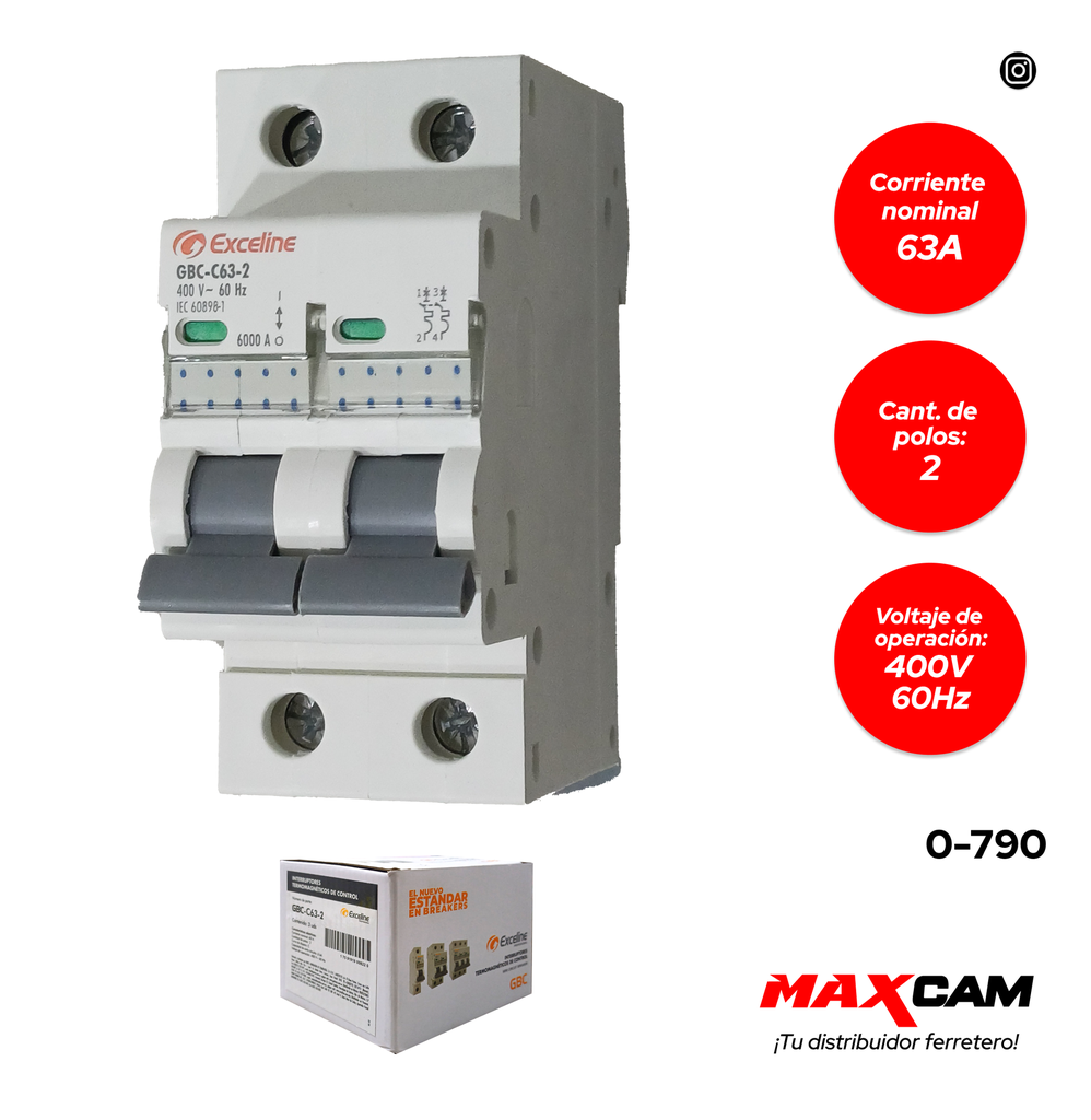 BREAKER TERMOMAGNETICO 2P x 63 AMP EXCELINE 0-790