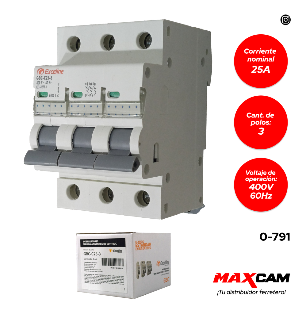BREAKER TERMOMAGNETICO 3P x 25 AMP EXCELINE 0-791