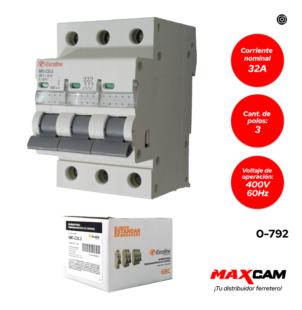 BREAKER TERMOMAGNETICO 3P x 32 AMP EXCELINE 0-792