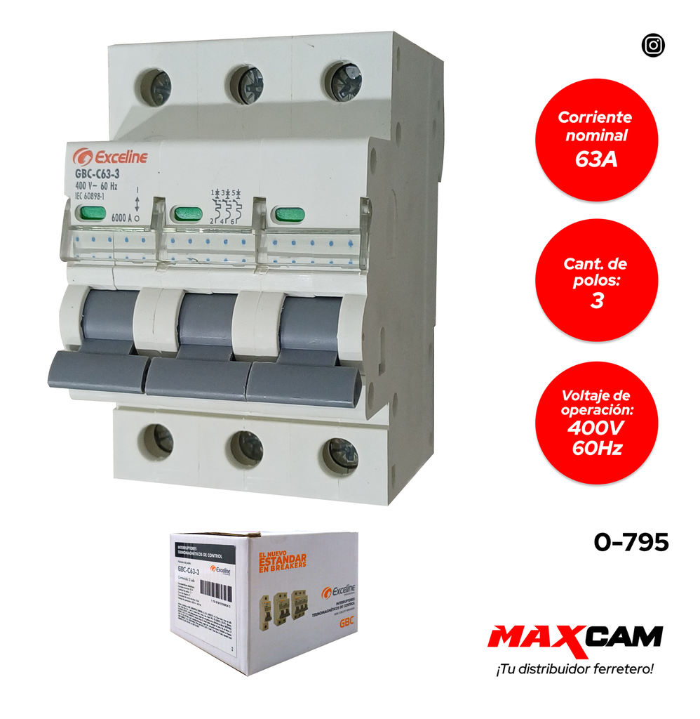 BREAKER TERMOMAGNETICO 3P x 63 AMP EXCELINE 0-795