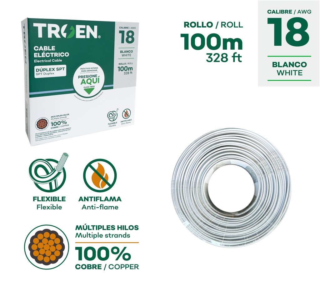 CABLE SPT 2X18 100 MTS 100% COBRE TROEN 9-723
