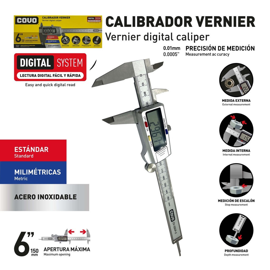 CALIBRADOR DIGITAL ACERO INOX 6" COVO 10-092