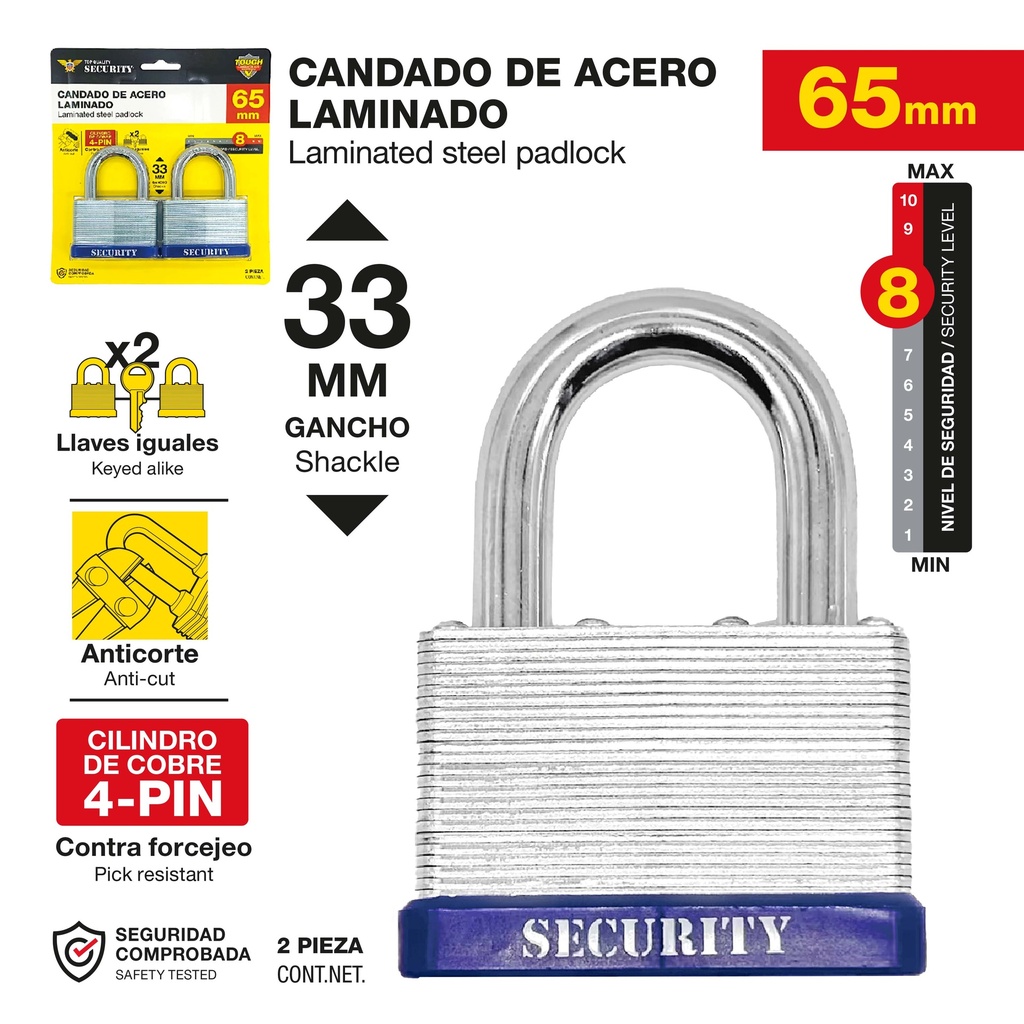 CANDADOS IGUALADOS 65MM x 2PCS SECURITY 10-052