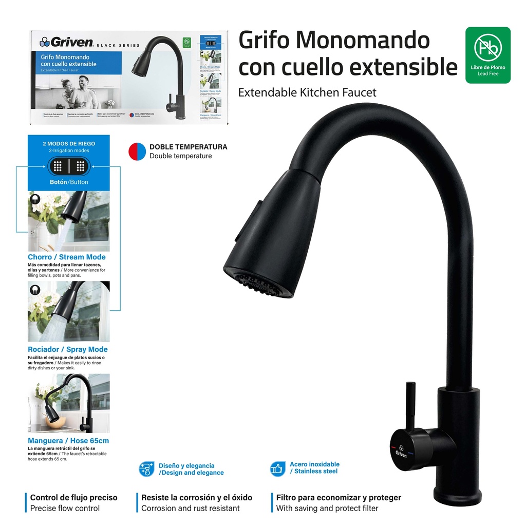 LLAVE FREGADERO MONOMANDO EXTEN GRIVEN BLACK 9-767