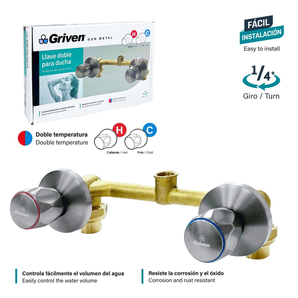 LLAVE P/DUCHA DOBLE BRONCE GRIVEN GUN METAL 9-738