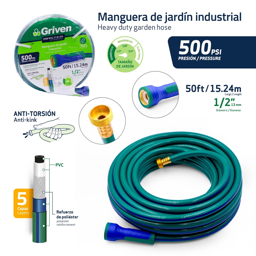 MANGUERA CUL C/CONEX 1/2" x 15,24 MTS GRIVEN 10-182