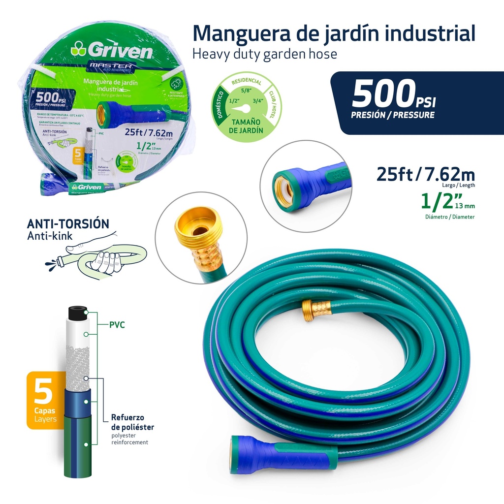 MANGUERA CUL C/CONEX 1/2" x 7,62 MTS GRIVEN 10-095