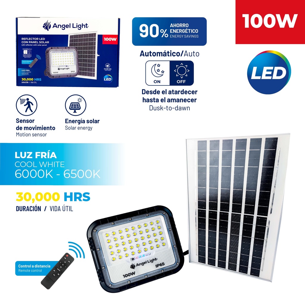 REFLECTOR LED C/PANEL SOLAR 100W ANGEL LIGHT 10-240