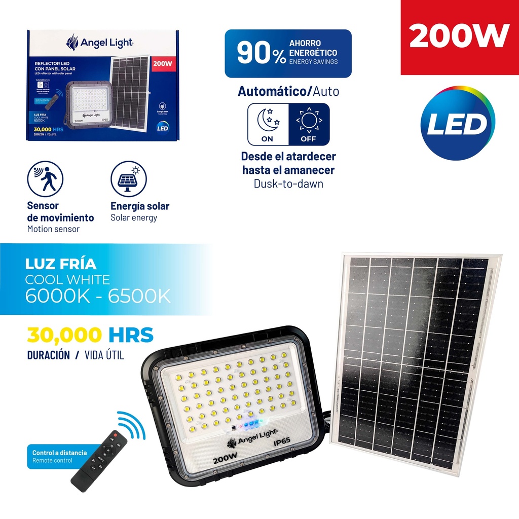 REFLECTOR LED C/PANEL SOLAR 200W ANGEL LIGHT 10-241