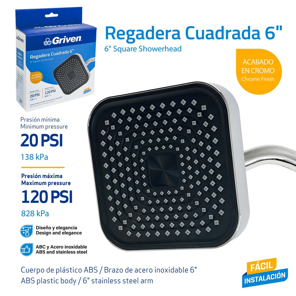 REGADERA CUADRADA 6" GRIVEN 9-763
