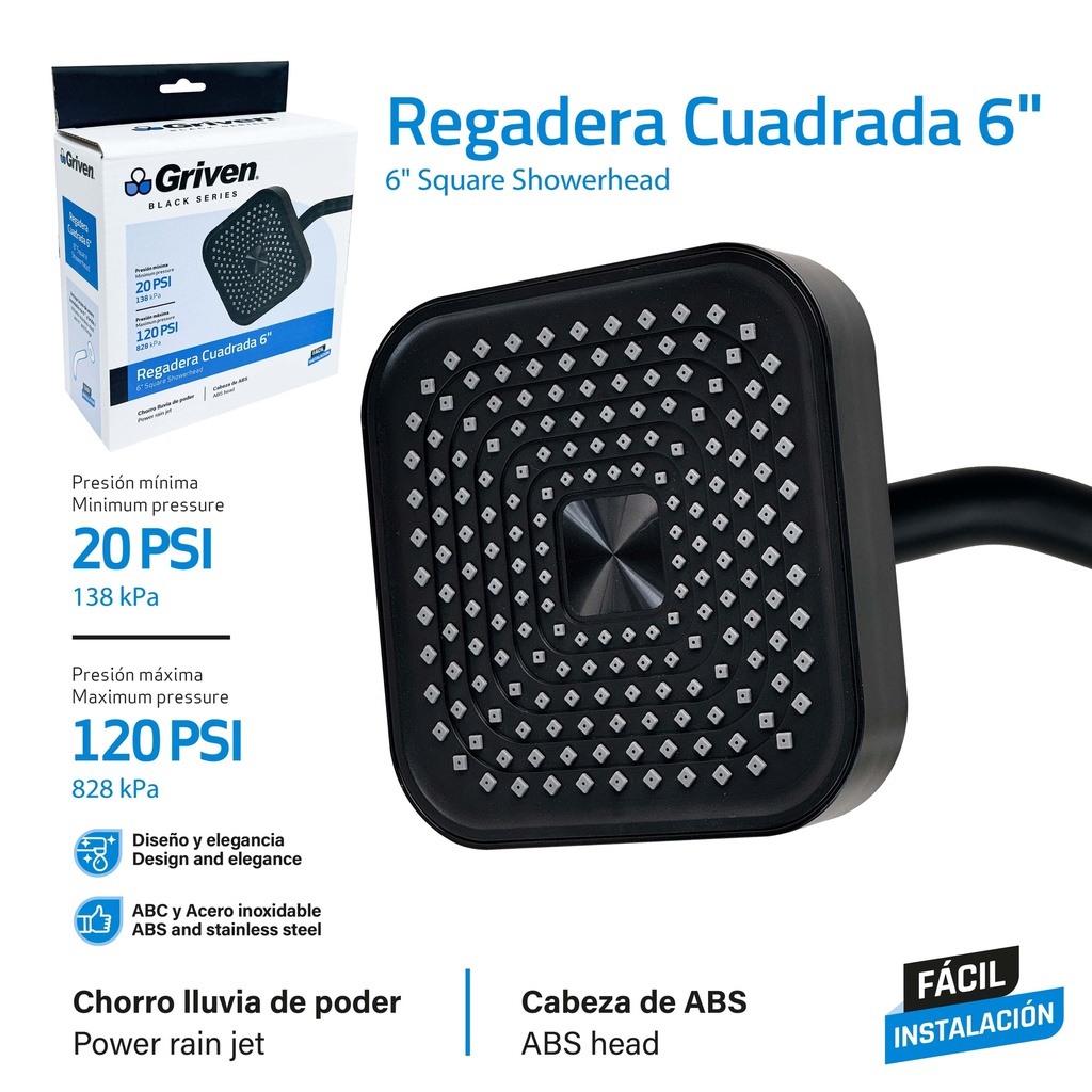 REGADERA CUADRADA 6" GRIVEN BLACK 9-762