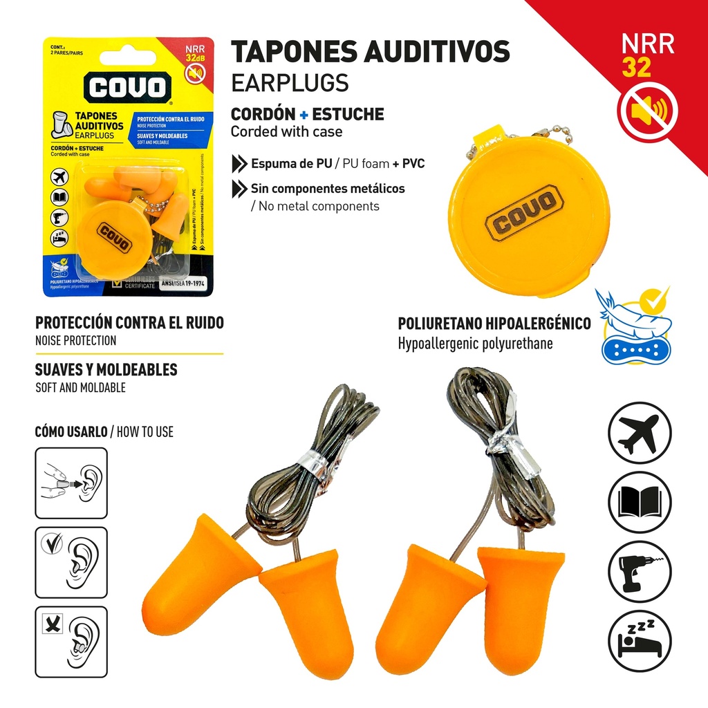 TAPONES ANTI RUIDO P/OIDOS 2 PARES COVO 10-093
