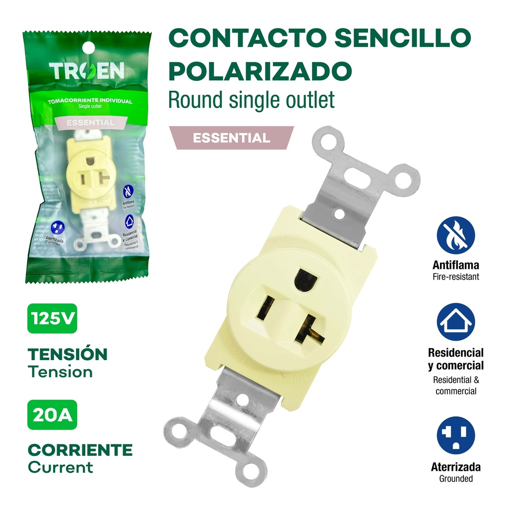 TOMA SENCILLO 2P+ T x 20A 125V BEIGE TROEN 10-080