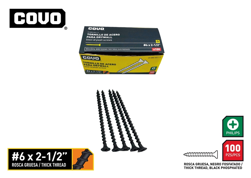 TORNILLOS DRYWALL R. GRUESA 6 x 2 1/2" x 100 UNID COVO 9-758