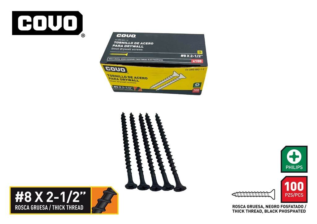 TORNILLOS DRYWALL R. GRUESA 8 x 2 1/2" x 100 UNID COVO 9-759 hy