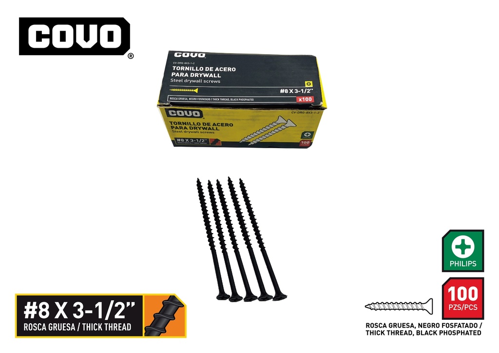 TORNILLOS DRYWALL R. GRUESA 8 x 3 1/2" x 100 UNID COVO 9-761